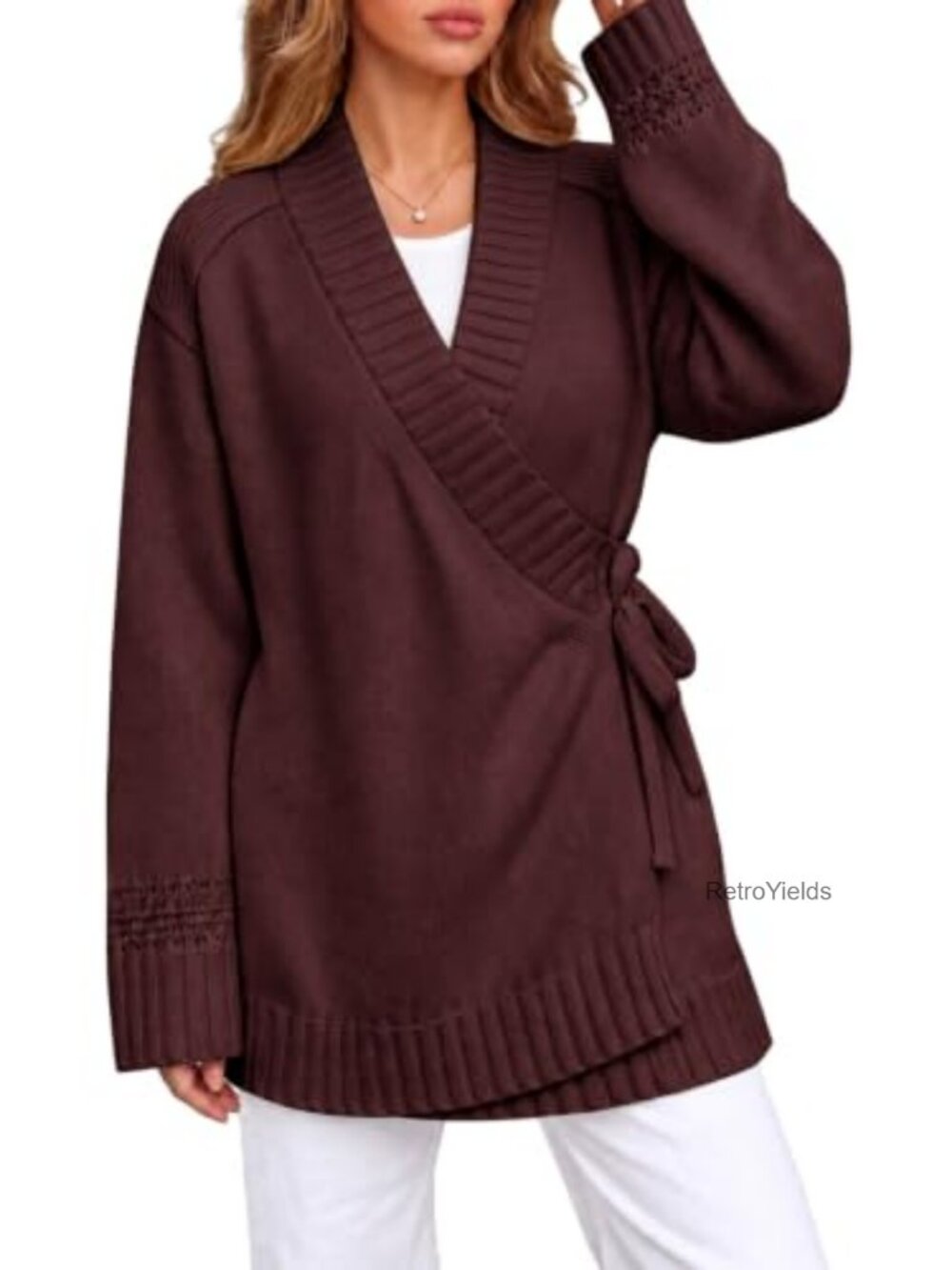 Womens V Neck Wrap Cardigan Chunky Knit Tie Front Sweater Long Sleeve